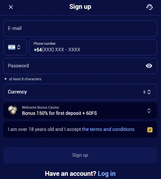 Creating a new profile and logging into Spinay Casino